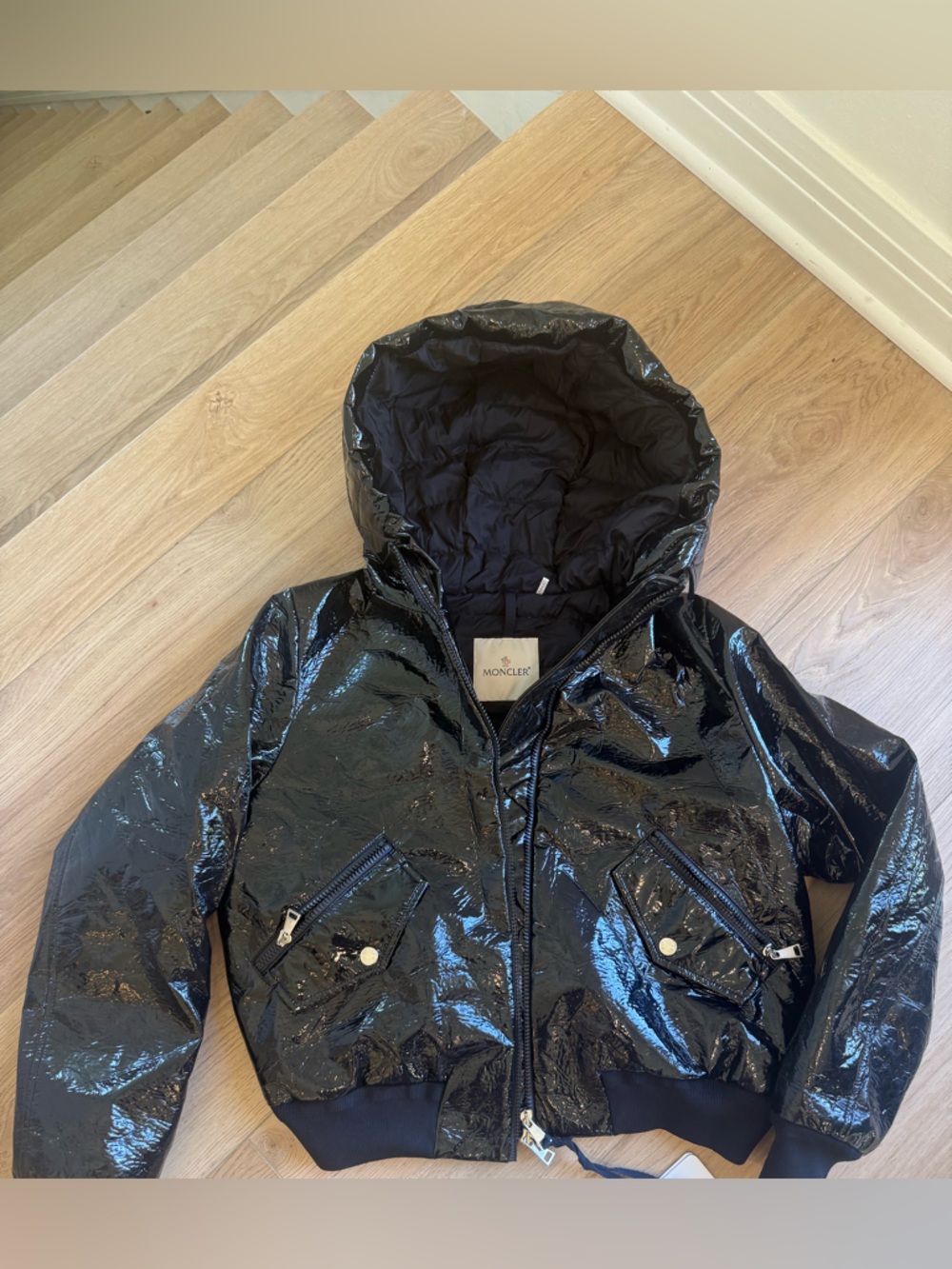 New with tags Moncler Black Quilted Hooded Puffer Jacket with Logo Patch